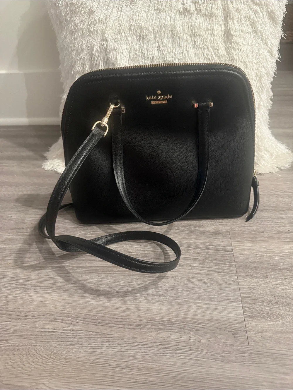 Kate Spade Black Leather Dome Satchel with Gold Hardware and Crossbody Strap